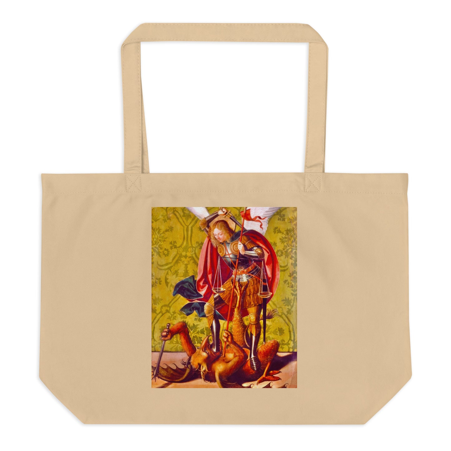 St. Michael Killing the Dragon by Josse Lieferinxe [Large organic tote bag]