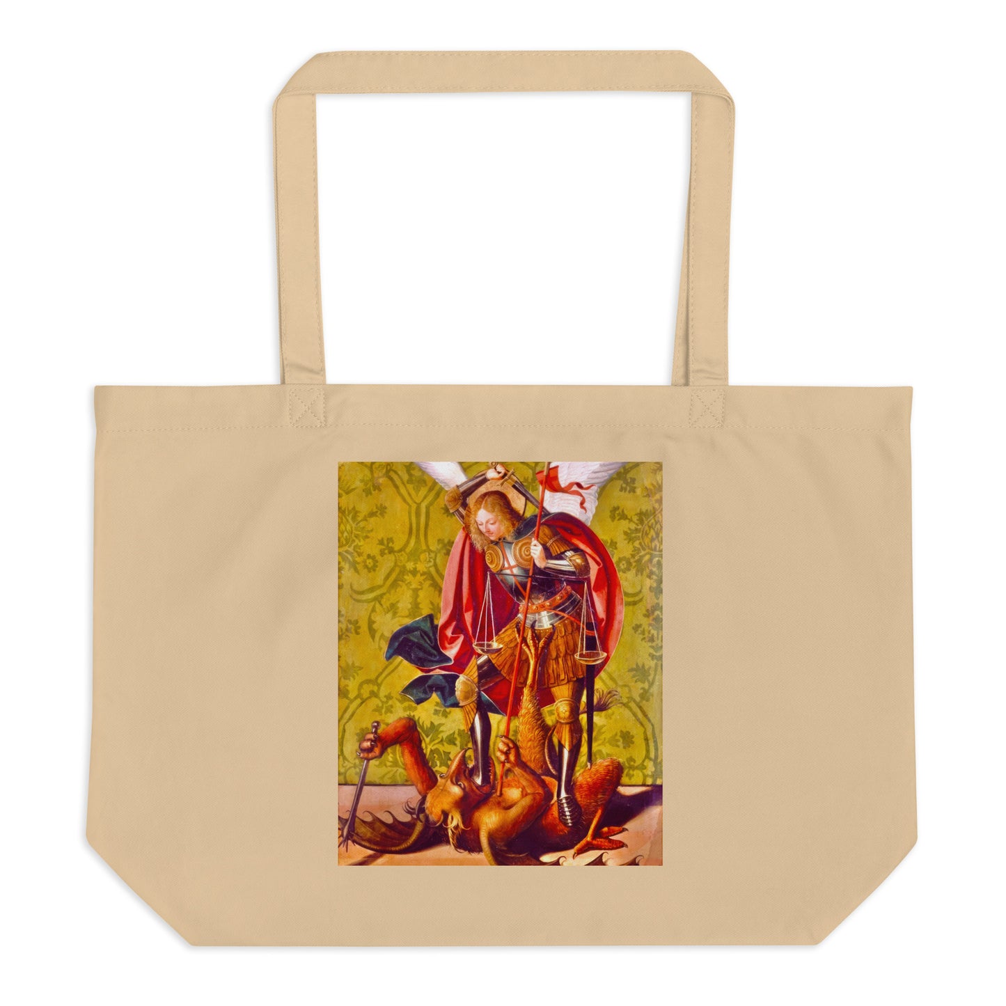 St. Michael Killing the Dragon by Josse Lieferinxe [Large organic tote bag]